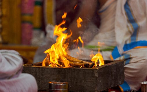 Burning fireplace during a Hindu baptism ceremony